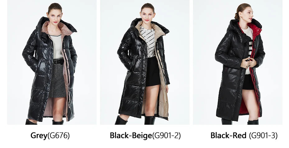 Women's long hooded winter parka by The Clothing Company Sydney, thick quilted puffer jacket with front pockets, warm and stylish.