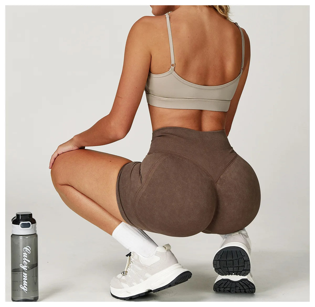 High waist yoga bicycle shorts for women by The Clothing Company Sydney, sand-washed workout shorts for fitness, running, and gym.