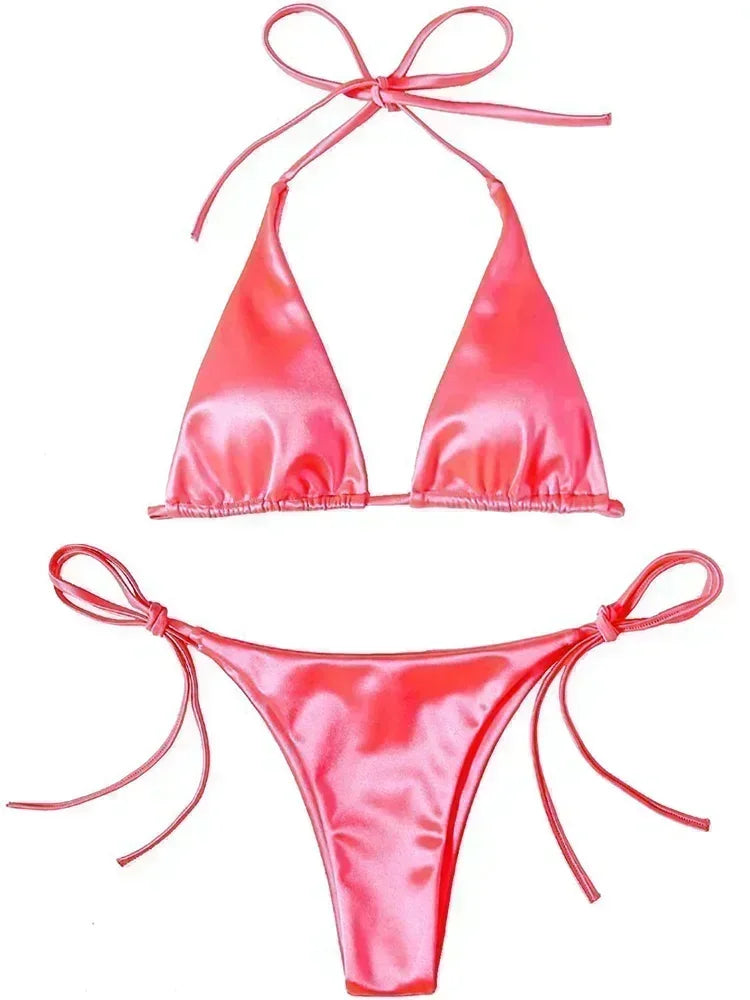 Two-piece Brazilian metallic satin swimsuit with halter top and high-cut design, perfect for beachwear by The Clothing Company Sydney.
