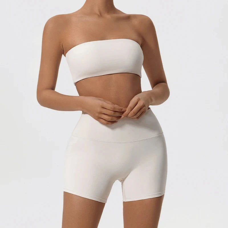 Two-piece women's fitness sports set with strapless sports bra and gym crop top from The Clothing Company Sydney, suitable for yoga and workouts.
