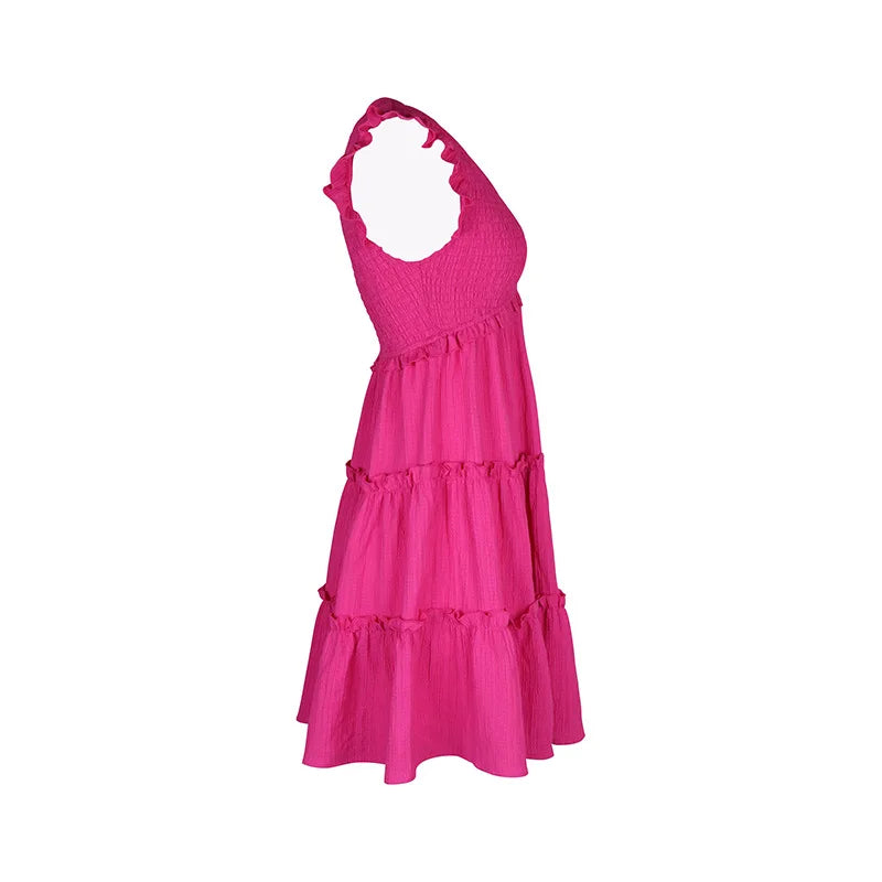 Summer Midi Dresses Casual Red Ruffle Big Hem Holiday Beach Dress Fashion Sleevelee V Neck Dresses - The Clothing Company Sydney