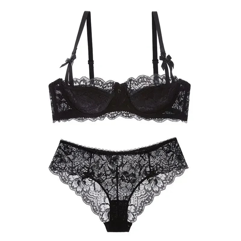 Two-piece pull-up lace bra set with bow detail, breathable fabric, anti-slip cups, designed for lingerie by The Clothing Company Sydney.