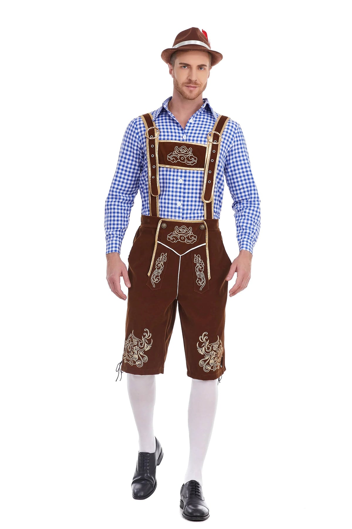 Men's Oktoberfest Lederhosen costume with suspenders, shirt, and hat, featuring traditional Bavarian German festival attire.