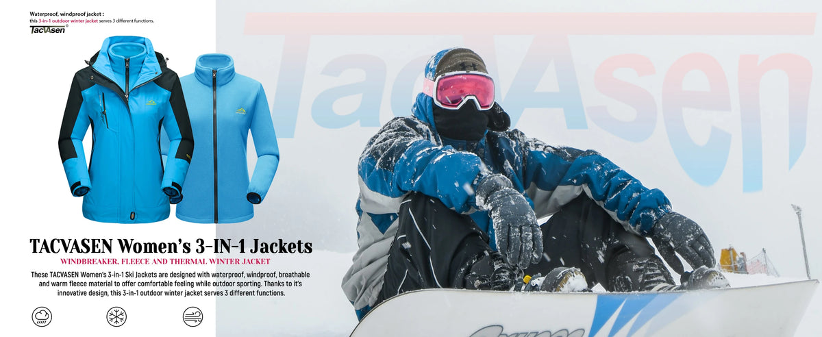Women's 3-in-1 winter fleece ski snowboard jacket by The Clothing Company Sydney, waterproof, windproof, with raincoat and outdoor features