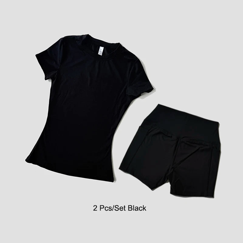 2 Piece Women's Sports Yoga Set Seamless Knitted Fitness Gym Clothes Sportswear Short Sleeve Crop Top Tracksuits Gym Bike Shorts - The Clothing Company Sydney