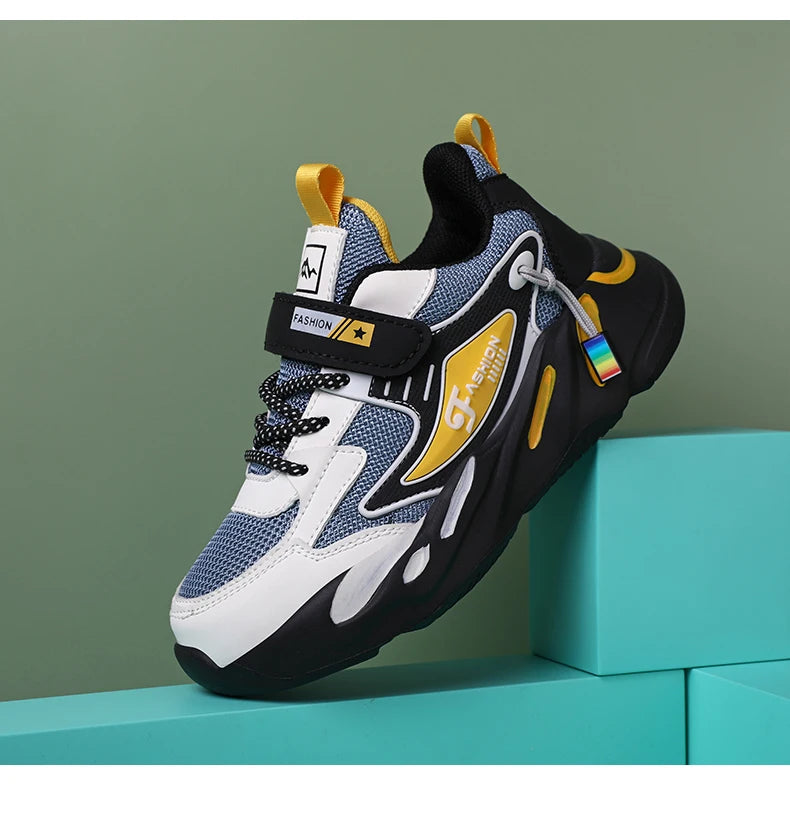 Kids' breathable mesh sneakers by The Clothing Company Sydney with non-slip soles and hook & loop closure for ages 7–13.