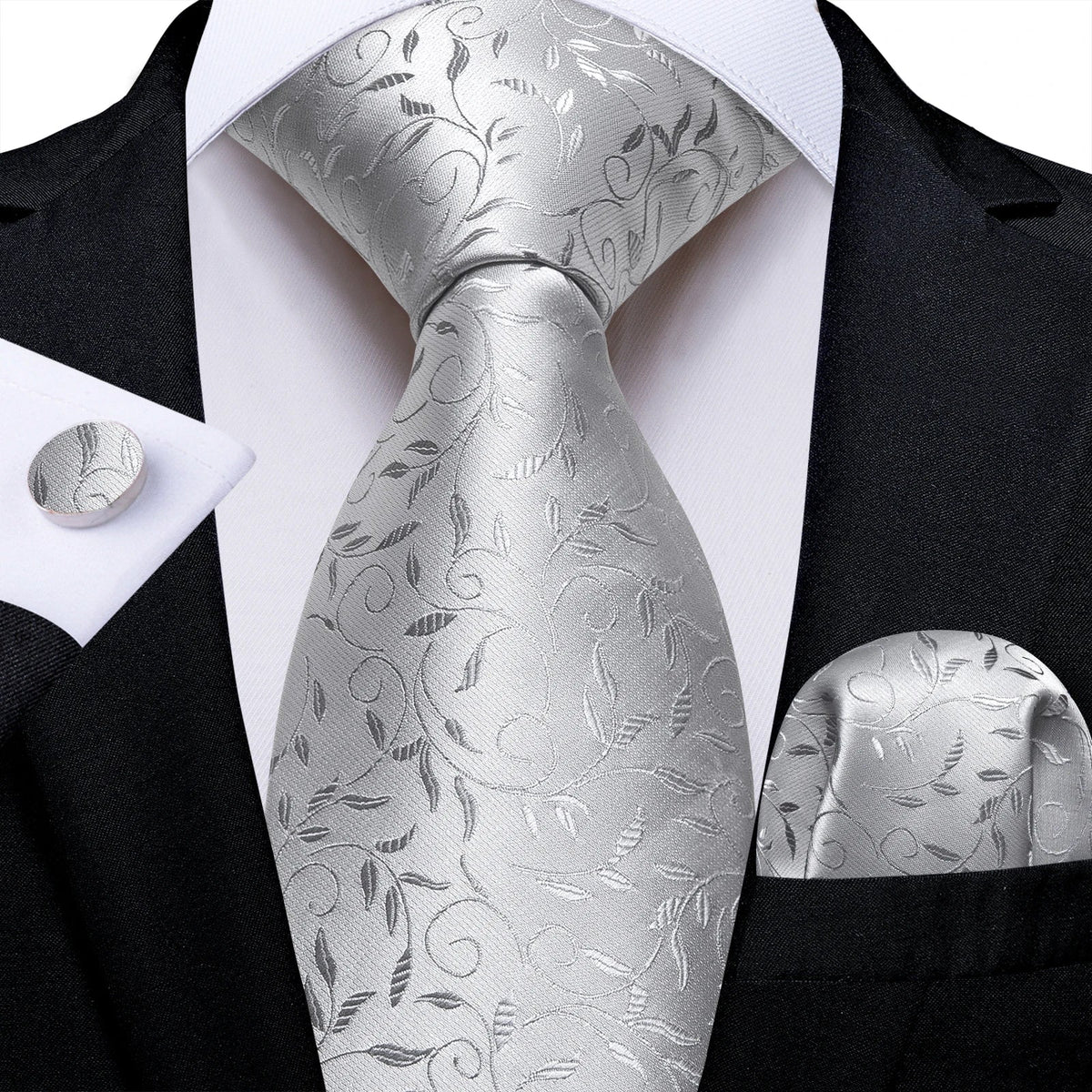 Men's gray paisley silk tie set including wedding tie, pocket square, and cufflinks, stylish accessories from The Clothing Company Sydney.