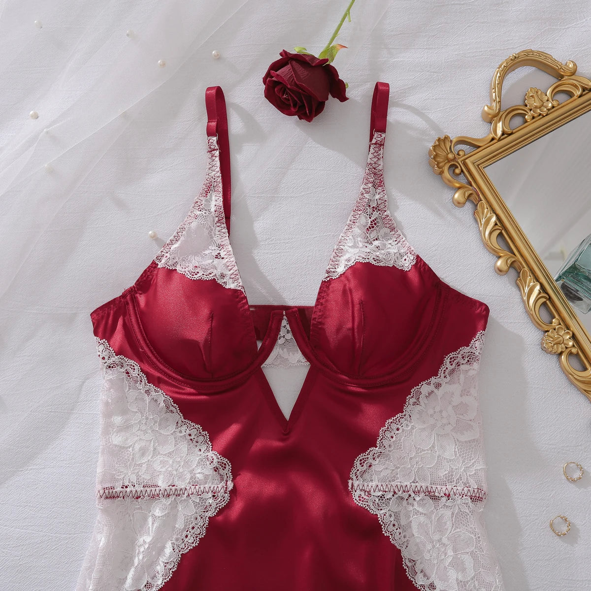 Deep-V satin lingerie night dress with lace patchwork and split design, women's slip dress from The Clothing Company Sydney