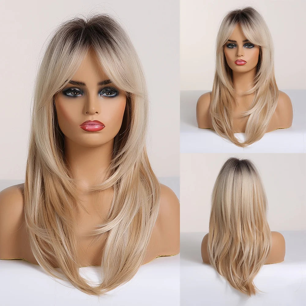 Long layered straight synthetic wig in black and pink ombre with mixed colors, ideal for cosplay and women's fashion accessories.