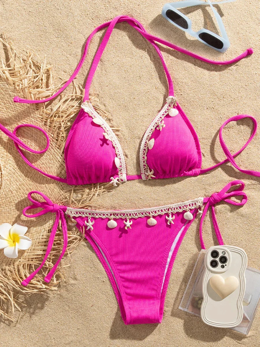 Ribbed shell-inspired two-piece bikini set for women featuring halter straps and strappy design, by The Clothing Company Sydney
