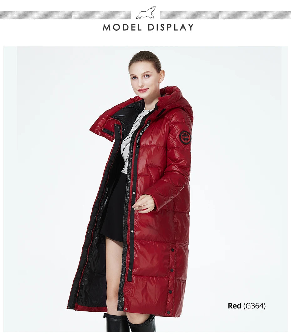 Women’s long hooded winter parka by The Clothing Company Sydney, thick quilted puffer jacket with front pockets.