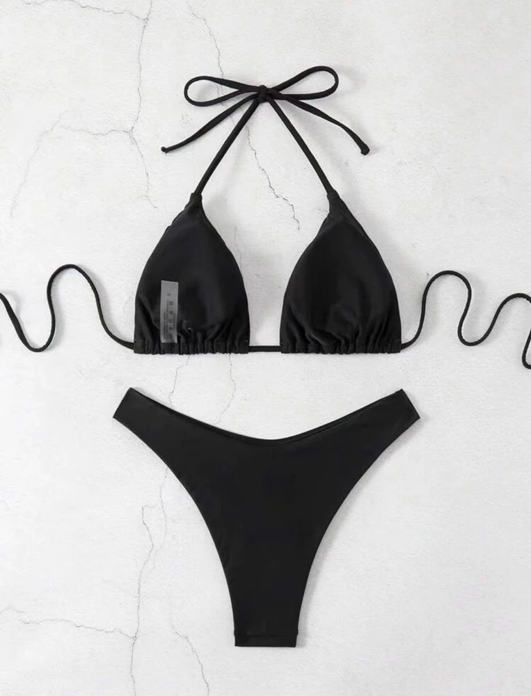 2 Piece Thong Bikini Solid White/Black/Coffee Halter Swimsuit Lace Up Brazilian Bathing Suit Double Fabric Beachwear The Clothing Company Sydney