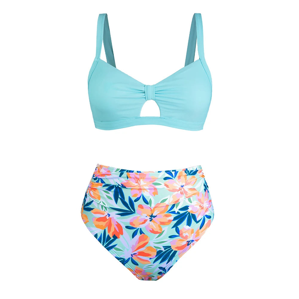 Cut Out Back Tie High Waist Bikini Sets Swimsuit Women Blue Floral Sexy Two Pieces Beachwear 2023 Bathing Suit Swimwear The Clothing Company Sydney