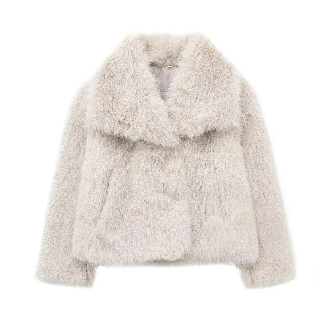 Women's faux fur cropped jacket by The Clothing Company Sydney, long sleeve outerwear with snap buttons and chic lapel collar