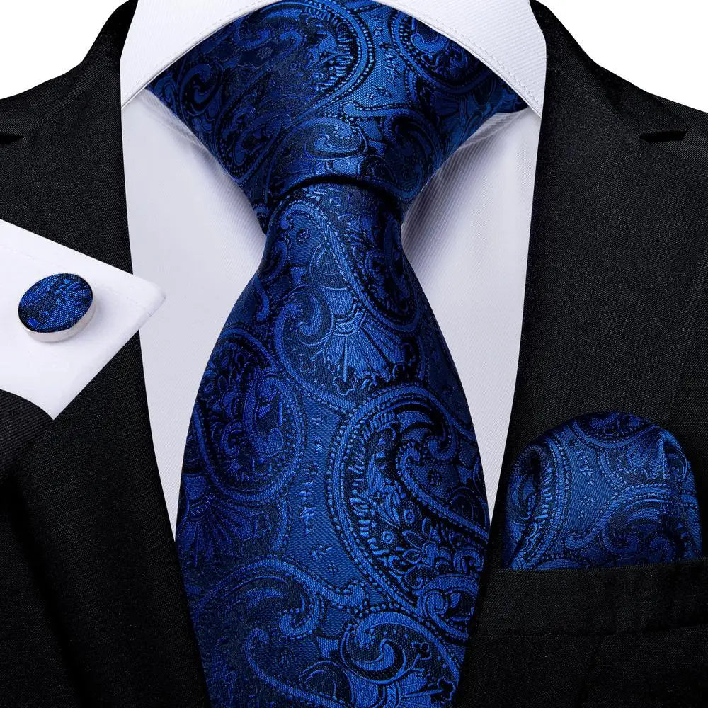 Blue paisley silk tie set including necktie, cufflinks, and pocket hanky from The Clothing Company Sydney, men's accessories.