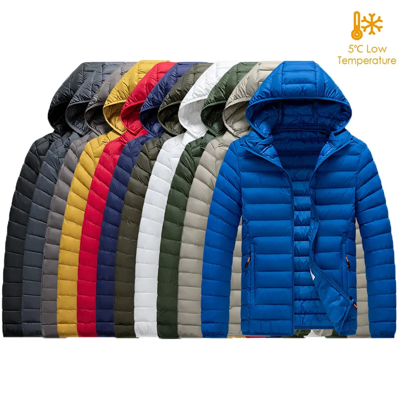Men's hooded casual puffer down jacket by The Clothing Company Sydney, shown in black with front zipper and quilted design.