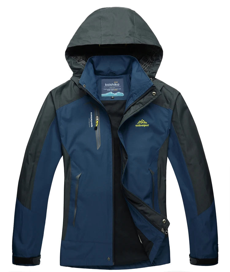 Men's outdoor camping hiking jacket by The Clothing Company Sydney, shown in dark green with waterproof fabric and adjustable hood.