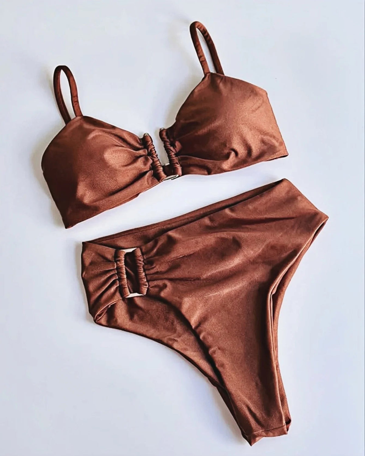 Two-piece bandeau bikini set by The Clothing Company Sydney featuring push-up design, solid color, thong style, perfect for beachwear.