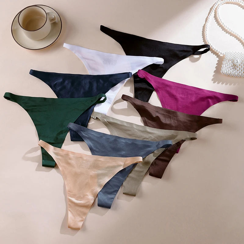 Ice silk thong women's panties, seamless G-string briefs with T-back design in black lingerie.
