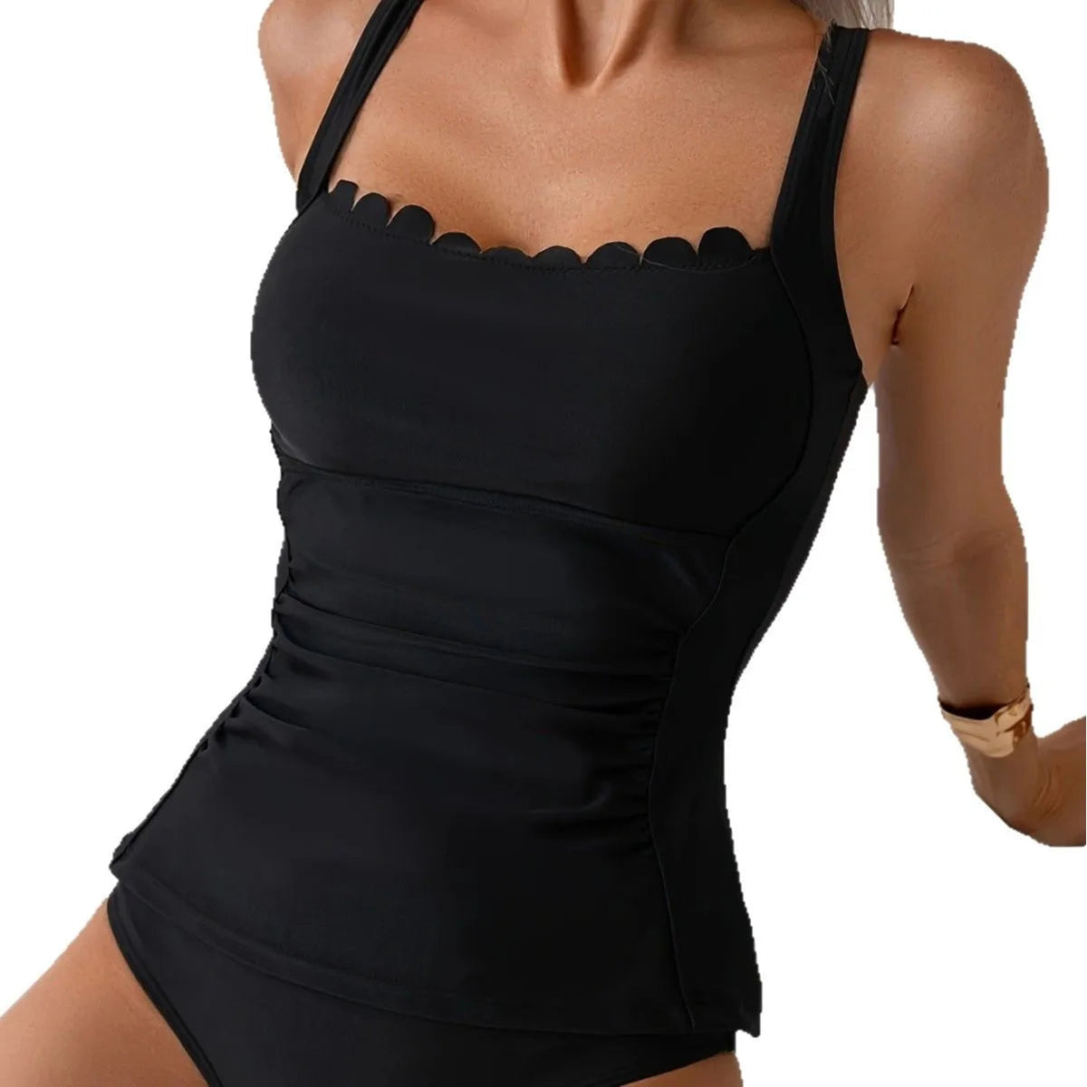 Black two-piece swimsuit with ruffled neckline and straps, perfect for summer beachwear from The Clothing Company Sydney.