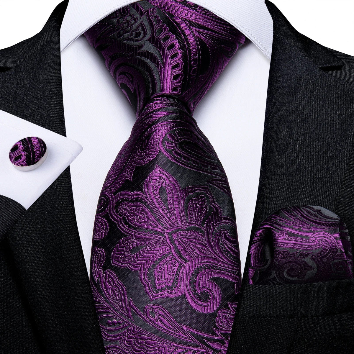 Luxury purple paisley silk tie set for men, 8cm width, stylish accessories by The Clothing Company Sydney displayed on a dress form.