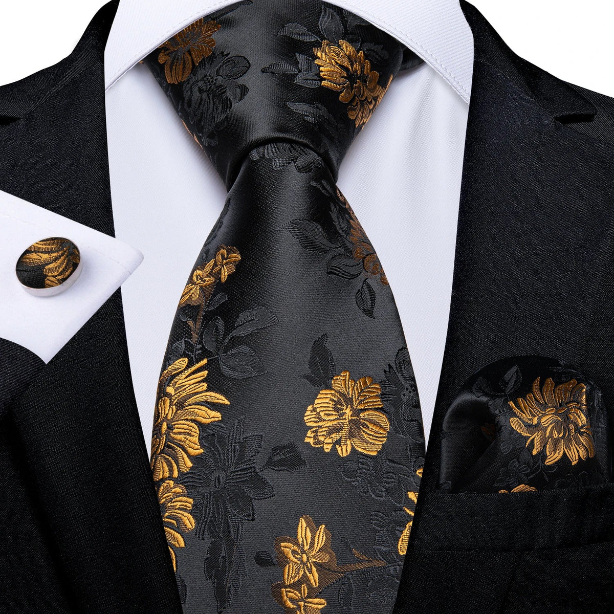 Luxury black and gold paisley silk tie set with matching pocket square and cufflinks, men's accessories by The Clothing Company Sydney.