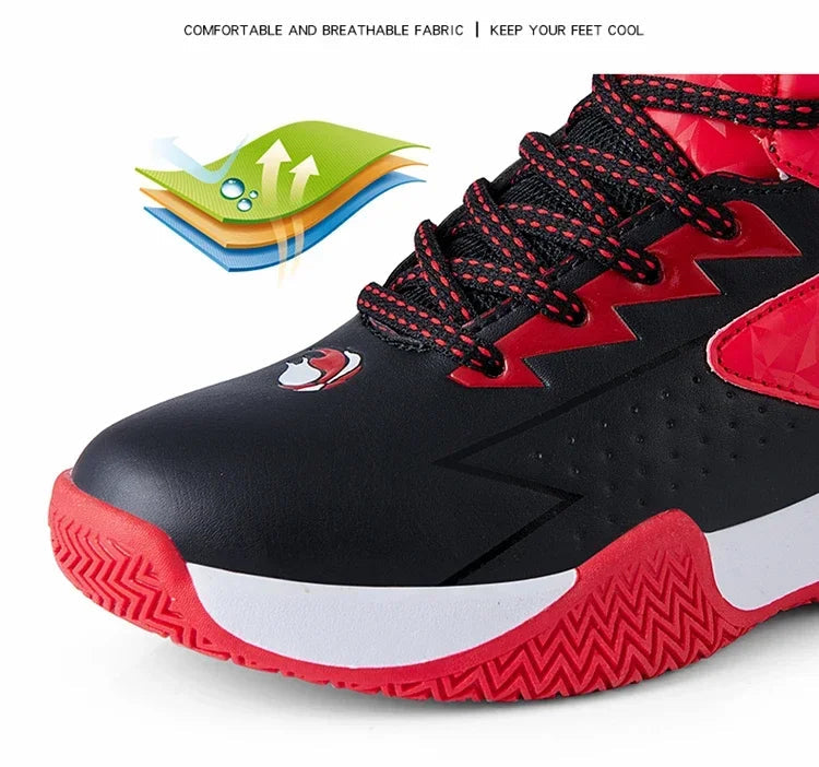 Kids basketball shoes from The Clothing Company Sydney with breathable mesh uppers and non-slip rubber soles.