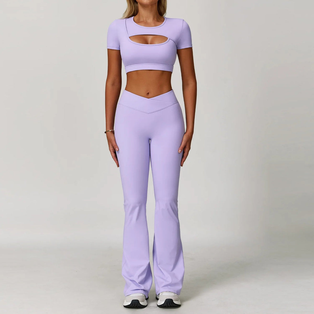 Two-piece women's fitness sportswear set with yoga leggings and sports bra from The Clothing Company Sydney, suitable for gym and yoga workouts.