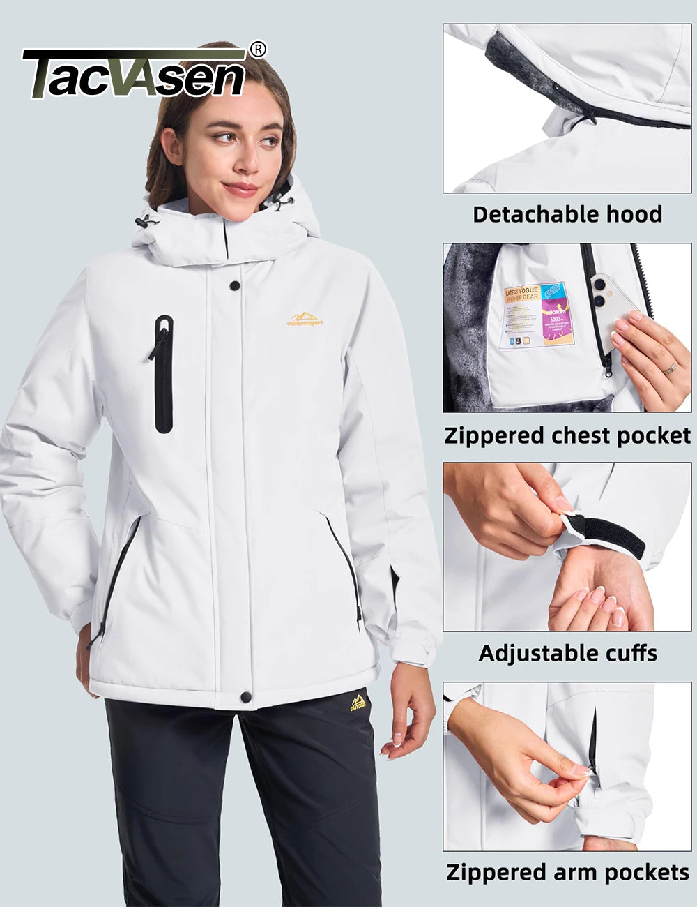 Women's winter thermal fleece-lined waterproof snow ski hood coat with windbreaker features from The Clothing Company Sydney.