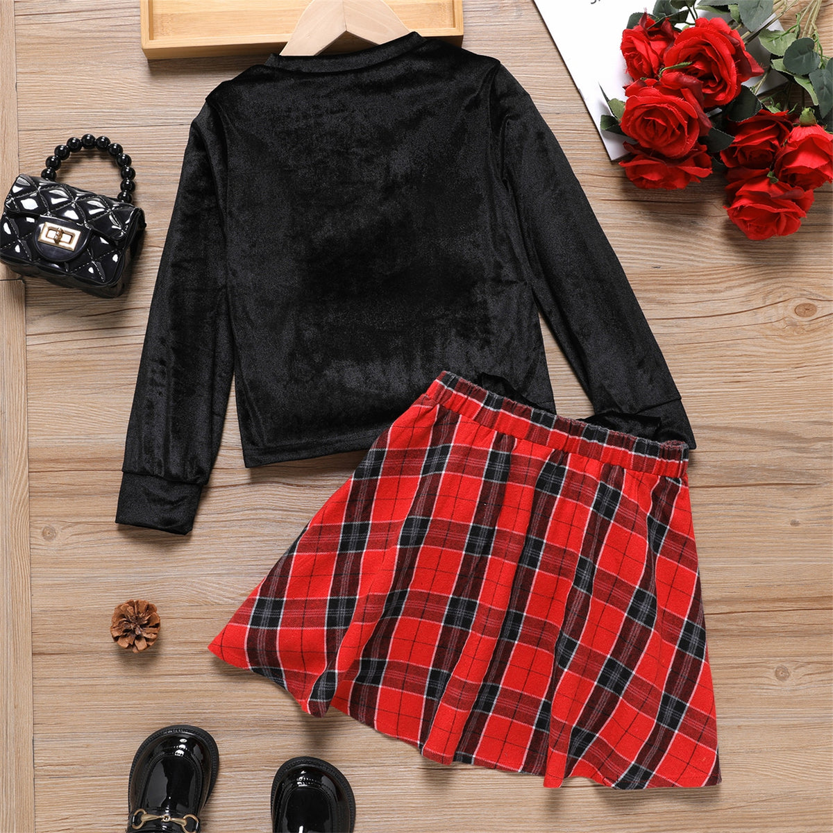 Kids girls' long-sleeve black velvet tee and plaid skirt set with 3D bowknot design, from The Clothing Company Sydney.