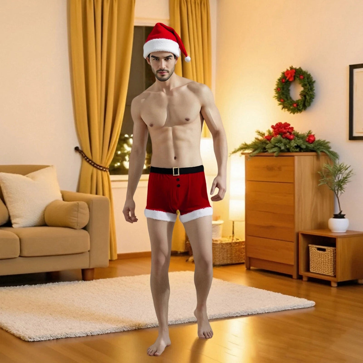 Men's Christmas lingerie set featuring red and white boxer briefs with a Santa hat, holiday-themed underwear by The Clothing Company Sydney.