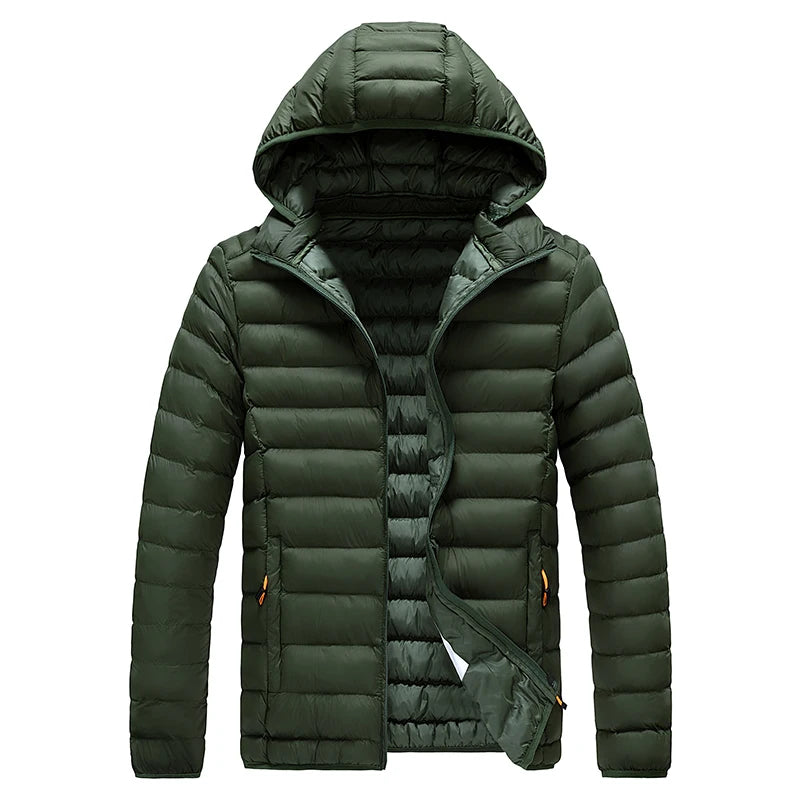 Men's hooded casual puffer down jacket from The Clothing Company Sydney, shown in black with front zipper and quilted design.