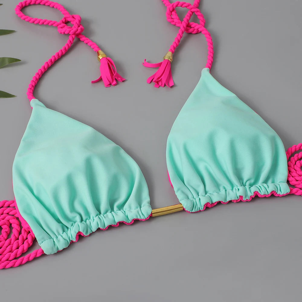 Two-piece triangle string bikini swimsuit by The Clothing Company Sydney featuring solid color, thong style, perfect for summer beachwear.