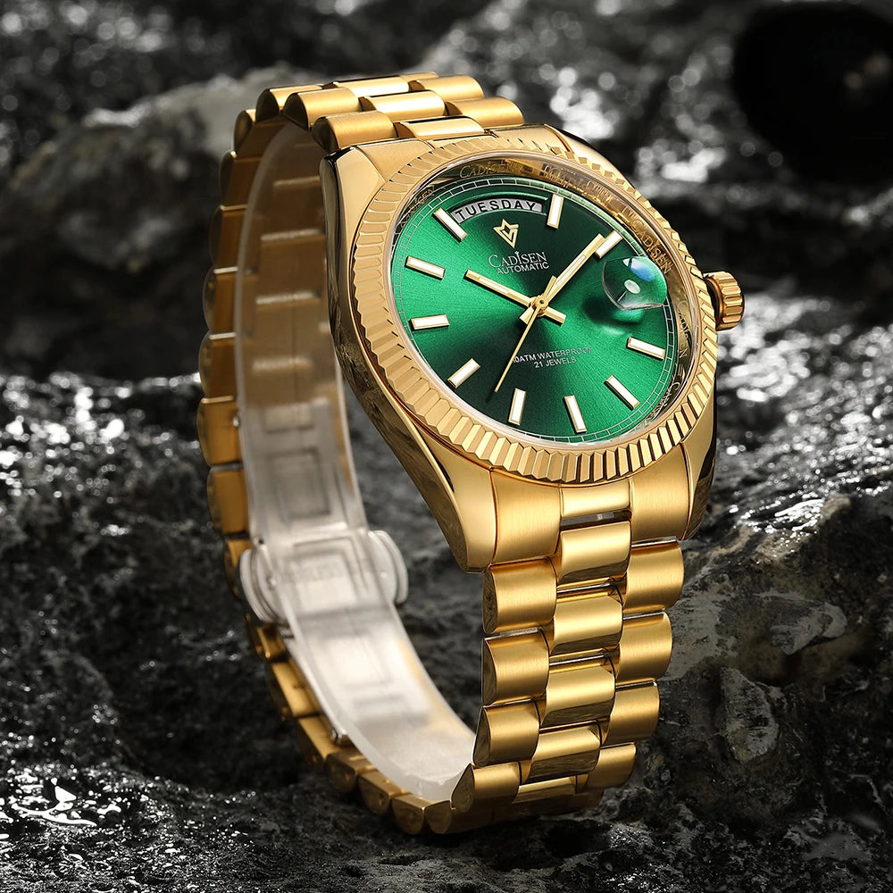 Cadisen DD40 men's luxury automatic wristwatch with sapphire glass, Miyota 8285 movement, and 10Bar water resistance.