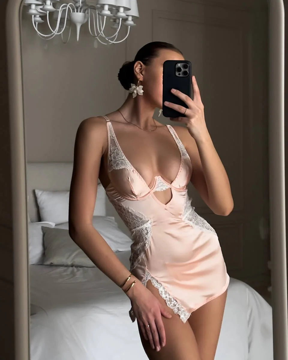 Deep-V neck satin lingerie night dress with lace patchwork and split design, women's slip nightwear by The Clothing Company Sydney