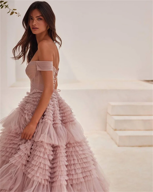 Pink Off Shoulder Tulle Prom Dress Elegant Multi layer A-line Lace Up Back Sleeveless Evening Dress The Clothing Company Sydney