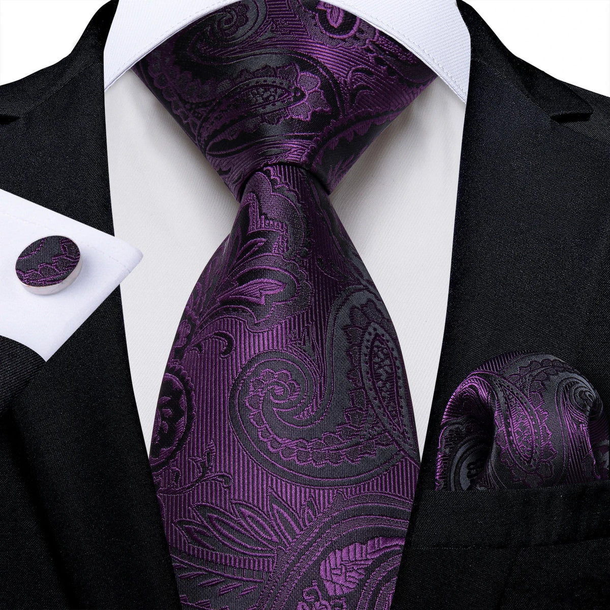 Luxury purple paisley silk tie set for men, including accessories, by The Clothing Company Sydney, featuring an elegant 8cm gift set.