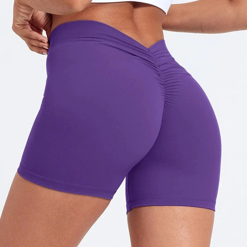 High-waisted V-back yoga shorts by The Clothing Company Sydney, fitted nylon fitness shorts for training and active wear.