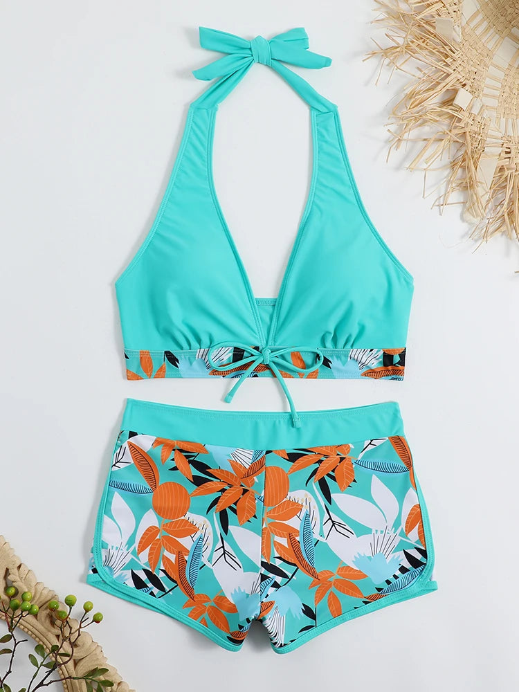 2 Piece Halter Bikini Set Shorts Swimsuit High Waist Swimwear Female Printed Bathers Swimming Bathing Swim Suit Beachwear - The Clothing Company Sydney