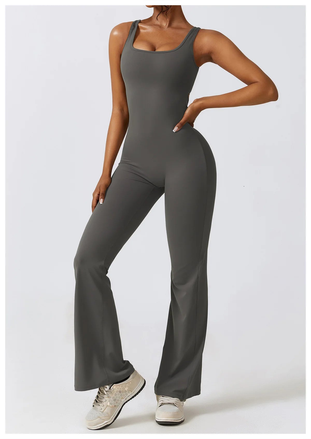 Open back V jumpsuit gym set by The Clothing Company Sydney, women’s fitness yoga romper with stretch for workout and training.