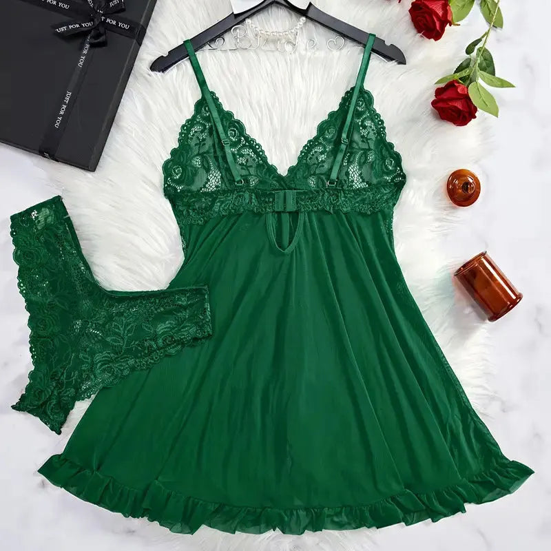 Women's plus size lace lingerie nightgown and thong set with suspender details, bra-style top and nightdress design