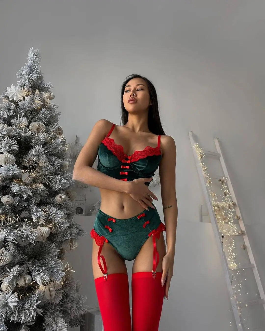 Women's velvet Christmas lingerie set with lace patches, bowknot details, and elegant design by The Clothing Company Sydney.
