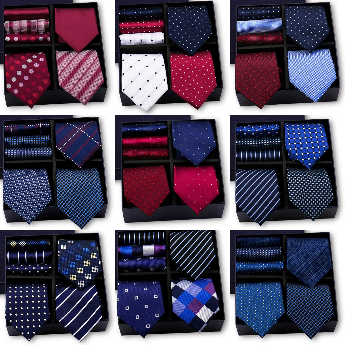 Luxury men's tie set with paisley striped necktie and handkerchief in a gift box, perfect for weddings and formal occasions.
