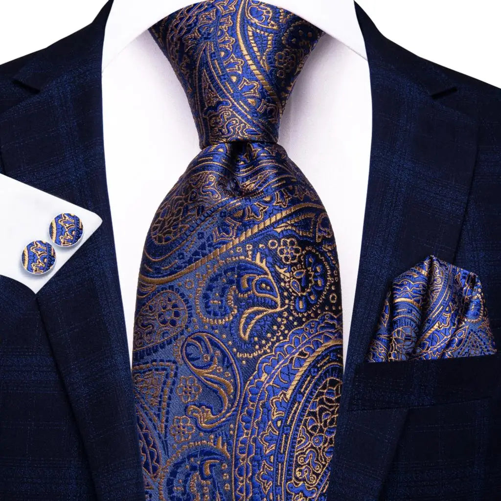 Blue paisley silk tie set with matching cufflinks and hanky, stylish men's accessories by The Clothing Company Sydney.