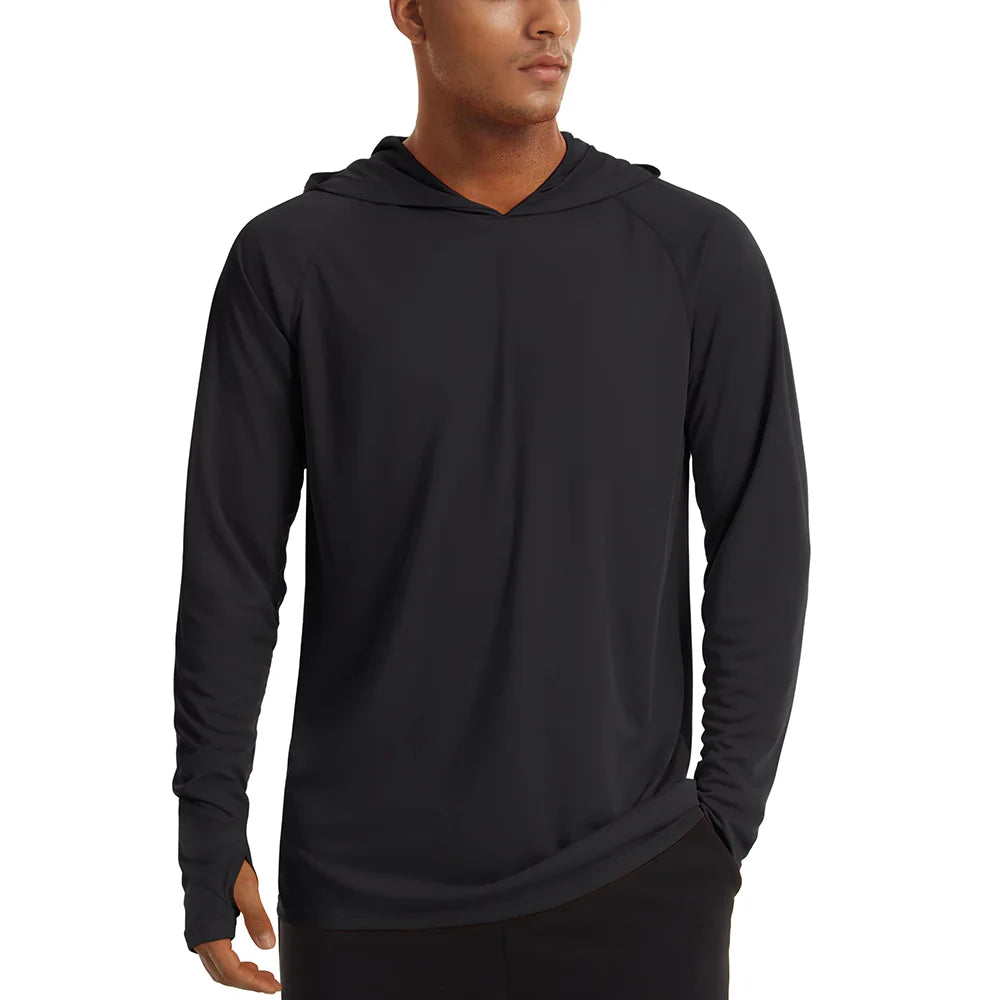 Men's UPF 50+ hooded T-shirt from The Clothing Company Sydney, quick-dry long sleeve sun protection top for outdoor sports and running.