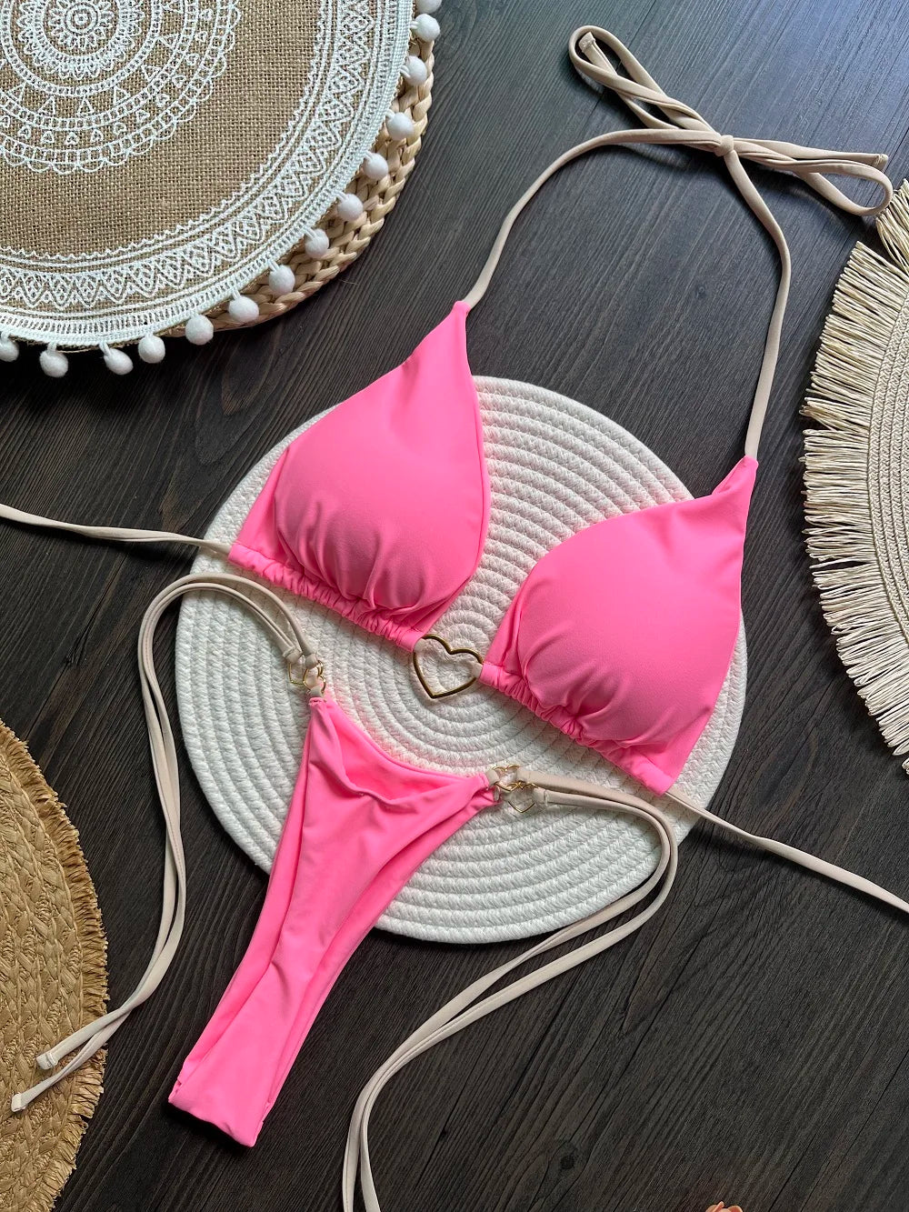 Solid color halter bikini set for women, two-piece swimsuit with triangle top and thong bottom, from The Clothing Company Sydney