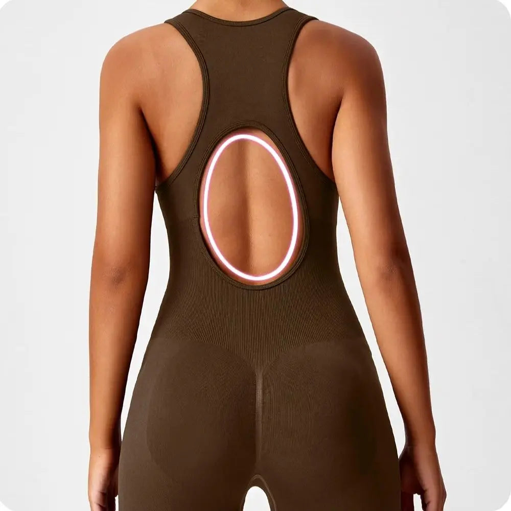 Seamless peach-colored yoga bodysuit from The Clothing Company Sydney, V-back design, perfect for workout and active fitness.