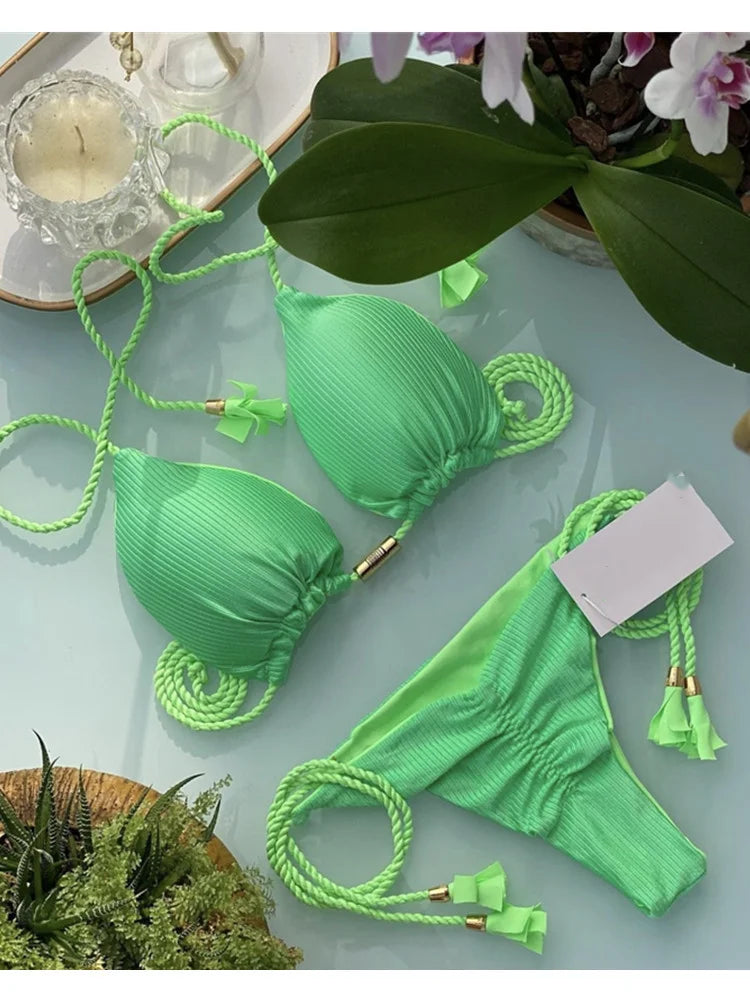 Backless women's bikini swimsuit with rope triangle design by The Clothing Company Sydney, featuring a stylish, minimal swimwear look.