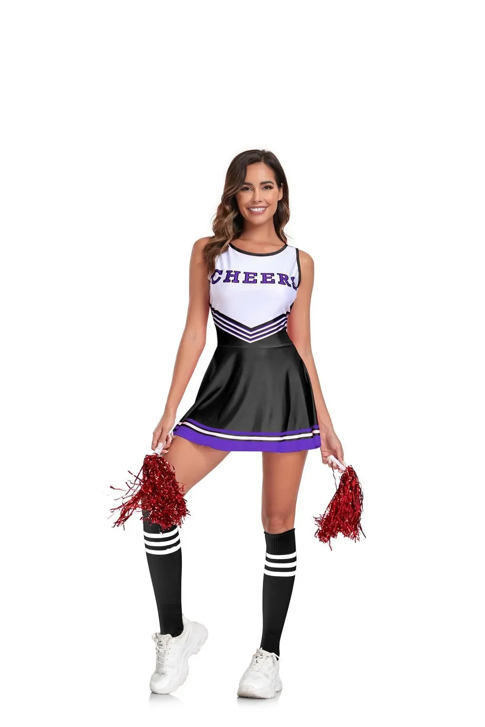 Cheerleader costume for women featuring a sports uniform set, perfect for Halloween, cosplay, or cheerleading events.