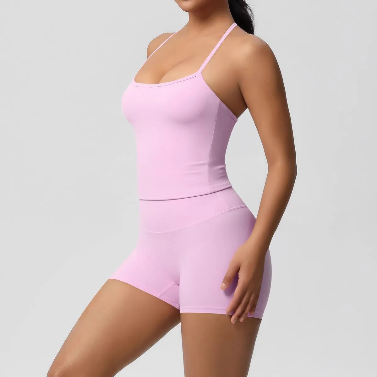 2 Piece Yoga Gym Set Halter Top Set Yoga High Waist Shorts Backless Tights Bra Vest Seamless Stretch Ribbed Shorts Set - The Clothing Company Sydney
